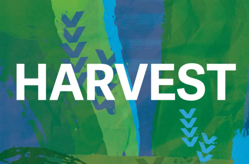 Green and blue textured shapes with text 'Harvest' 