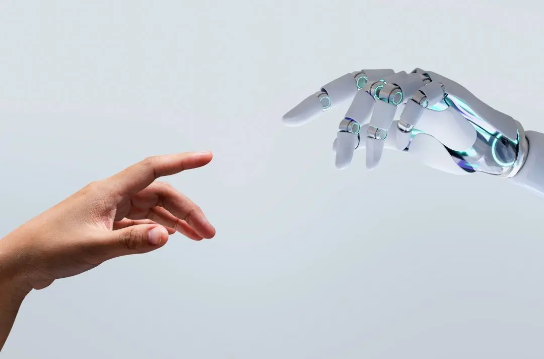 AI robotic hand reaching to human hand