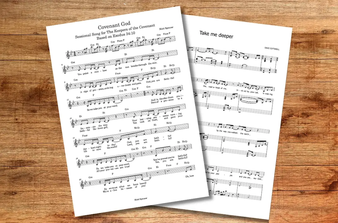 A graphic shows the first page of sheet music for the songs 'Covenant God' and 'Take Me Deeper'.