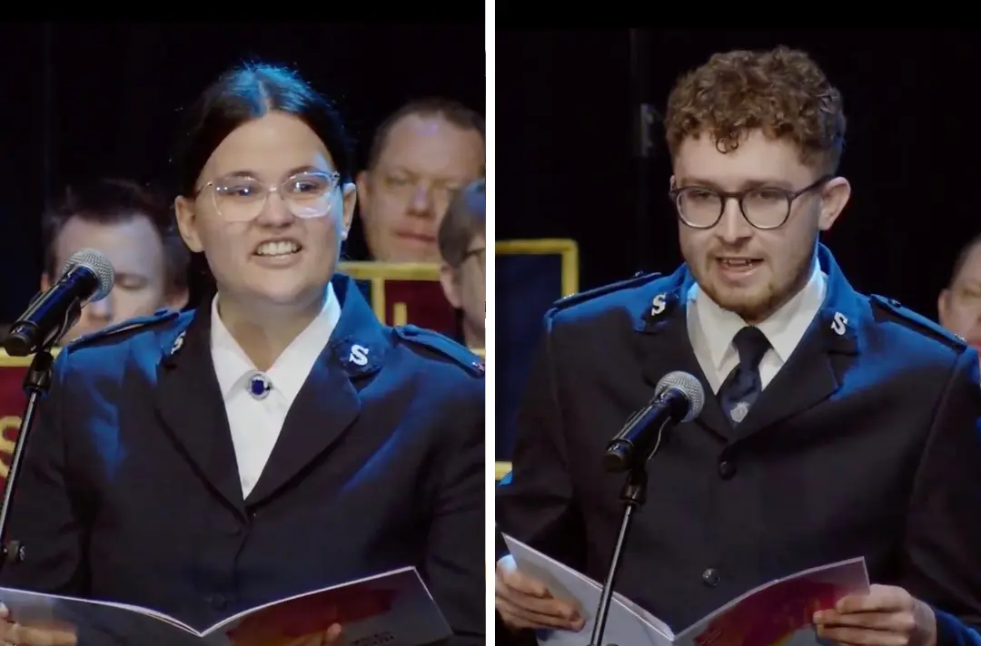 Two images side by side of cadets reading their testimonies before being ordained and commissioned as Salvation Army officers. 