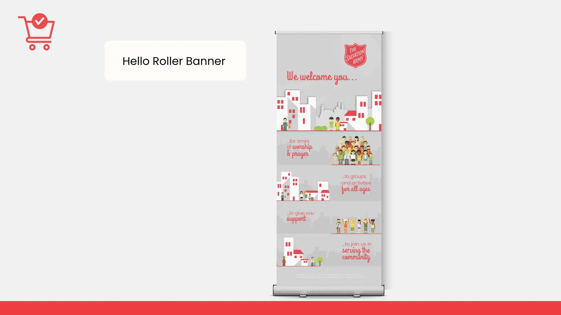 Grey background with image of a roller banner and title 'Hello Roller Banner'