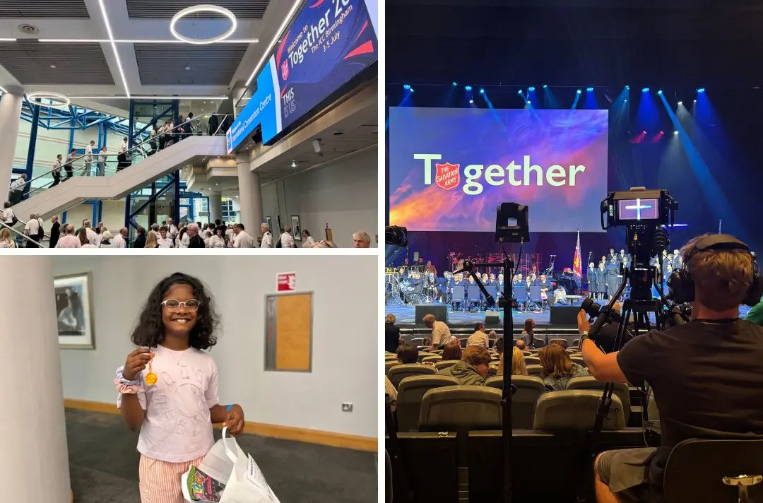 A collage of photos: the congregation in the foyer of the ICC heading to the auditorium, a child holding a goodie bag and a cameraman ready to start filming the action on stage
