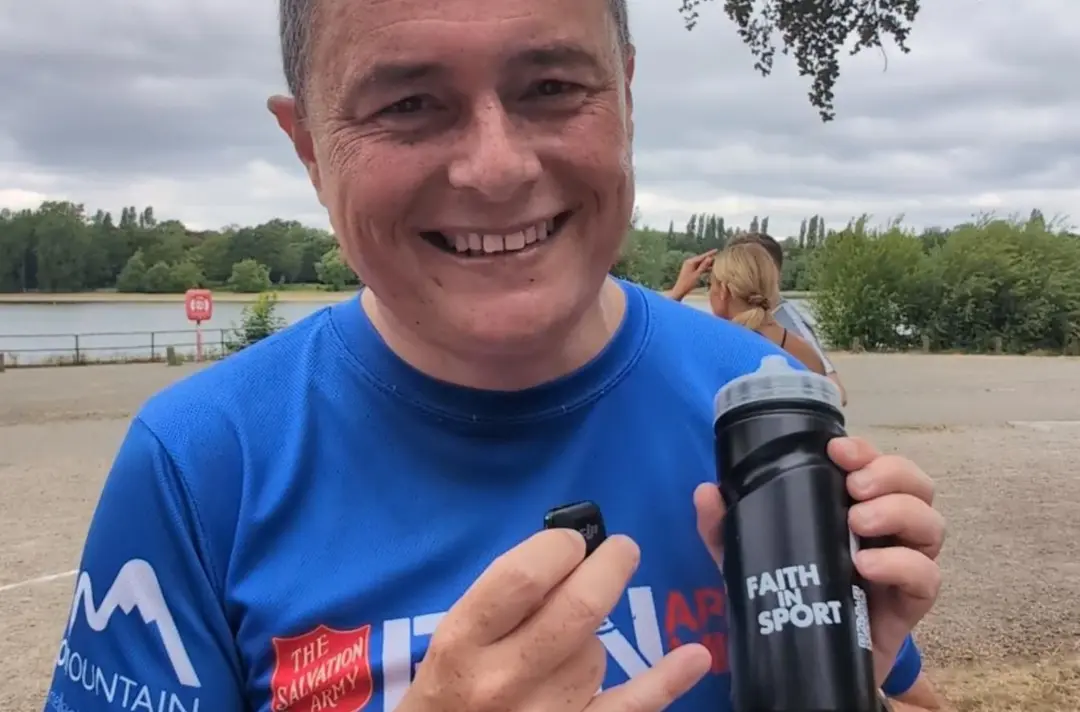 Gary Smith at the Together 26 parkrun with a Salvation Army water bottle