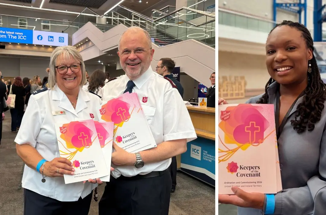 A collage of volunteers holding the Commissioning brochure in the foyer of the ICC