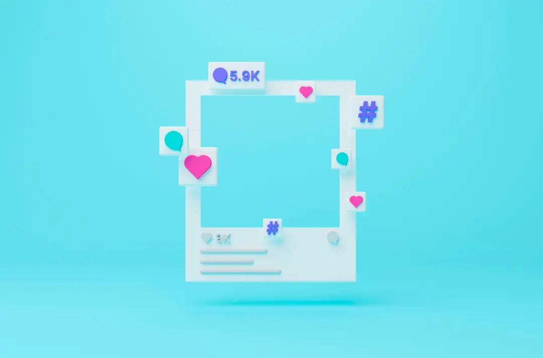 A graphic shows a social media content frame surrounded with speech bubbles, hearts and hashtags.