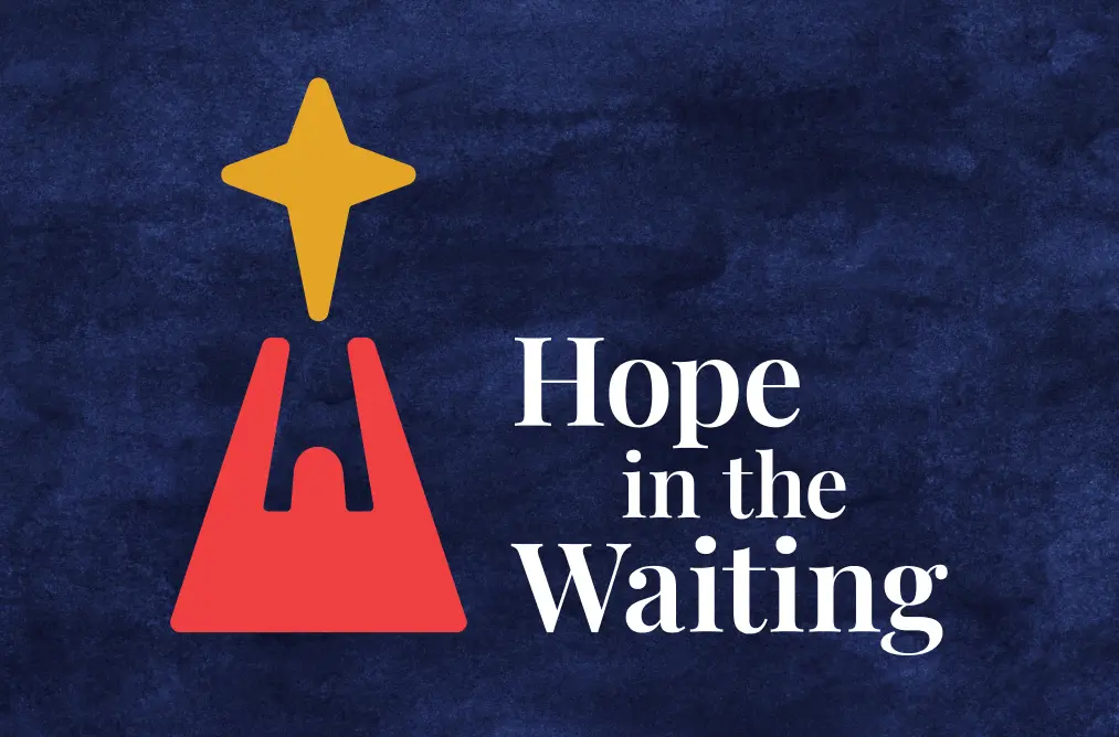 'hope in the waiting' text and logo on a textured navy blue background