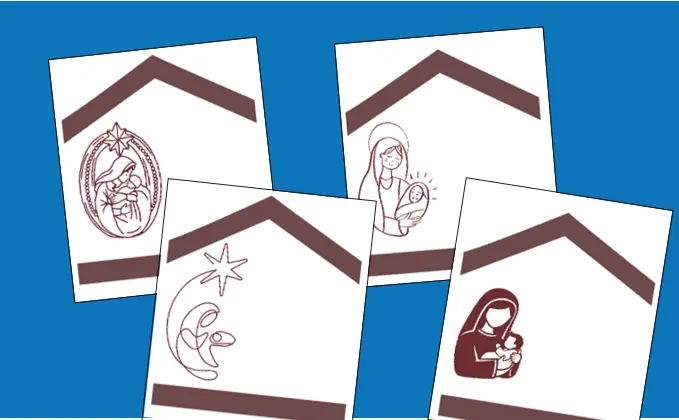 Four simple drawings in brown, each different, of Mary with baby Jesus in a stylised house