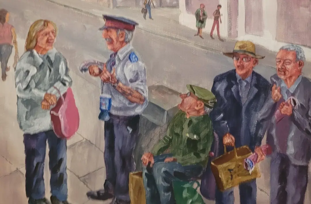 A painting depicting a War Cry herald at work in a busy town centre.