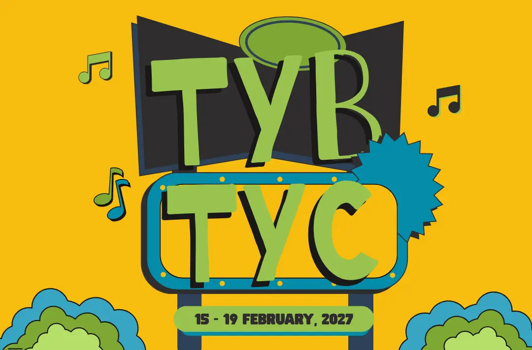 Illustrated event poster with a bright yellow background featuring large green letters reading 'TYB TYC' on a stylised sign. Musical notes float around the sign, with blue and green decorative bushes in the lower corners. Text at the bottom reads: '15–19 February, 2027.' The design uses bold green, blue, black, and yellow colours and has a fun, energetic youth event feel.