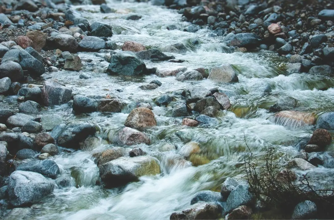 A stream washes over smooth pebbles.