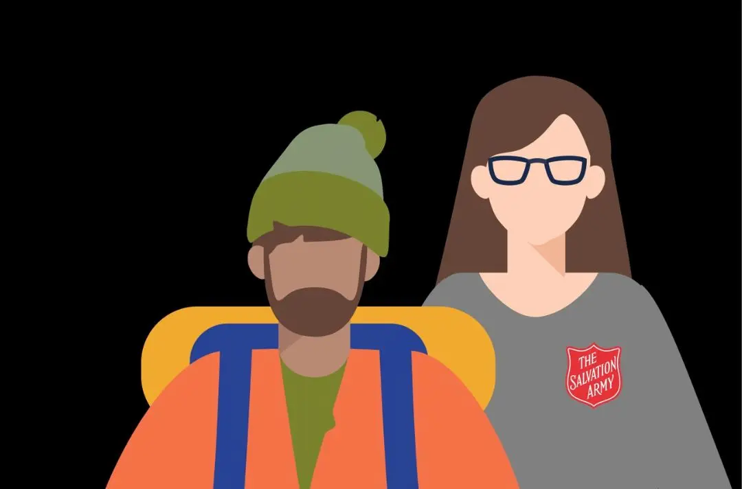 A cartoon of a Salvation Army worker supporting a man experiencing homelessness.
