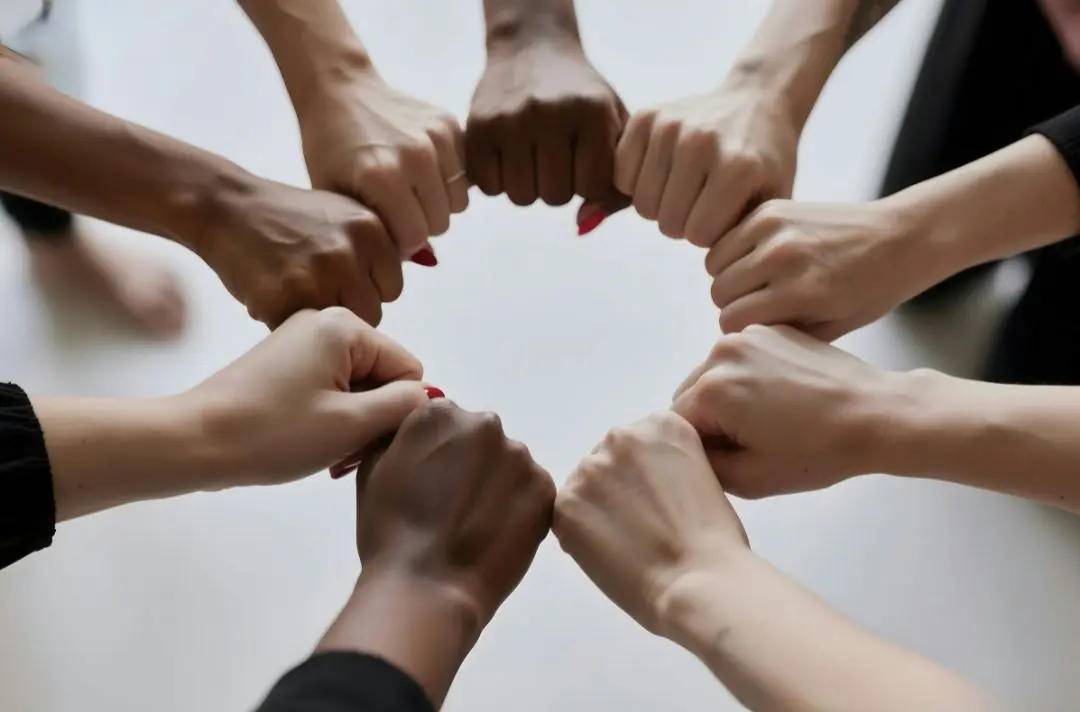 Different people's hands held together in fists to signify this group of people is united.