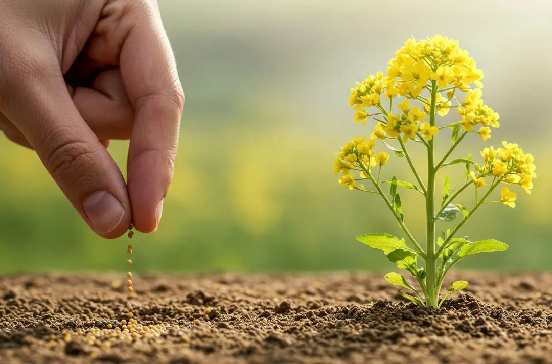 A hand sprinkles some seeds into some dry earth where a plant is already beginning to grow.