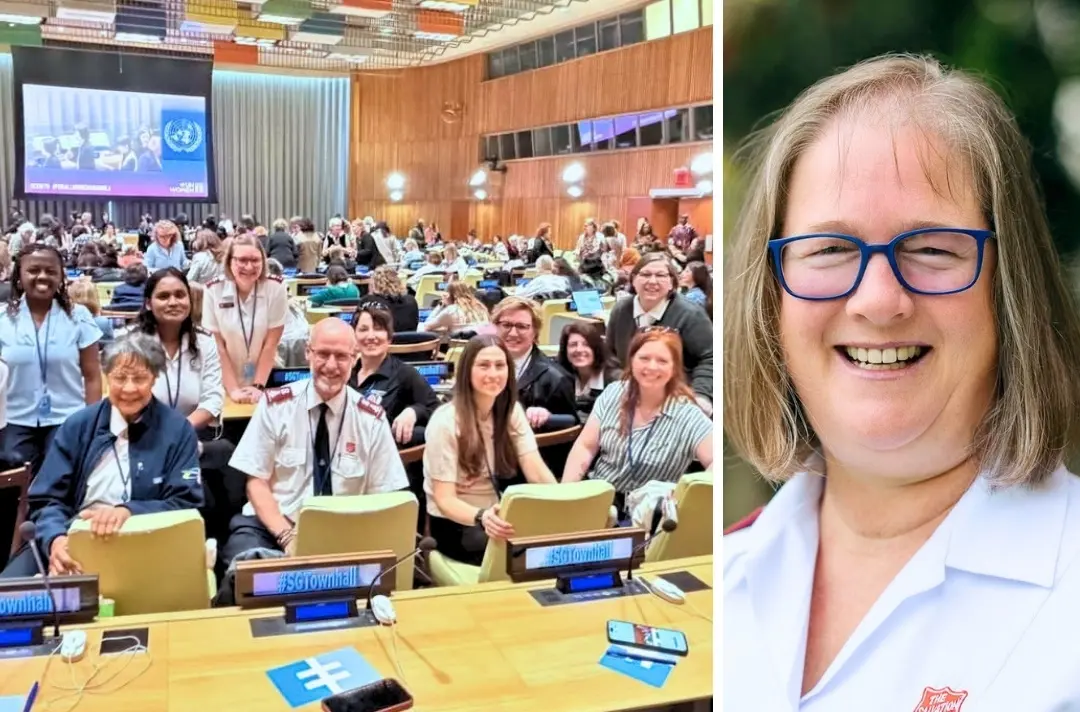 Two photos show Salvation Army members at the UN and Liz Gainsford.