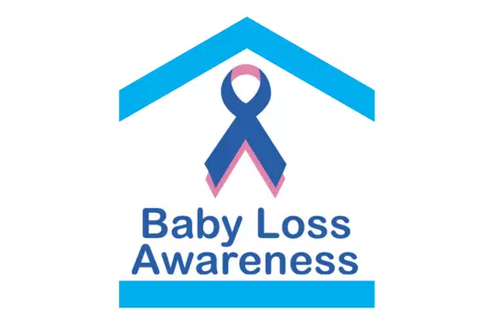 blue and pink ribbon in centre of a house outline