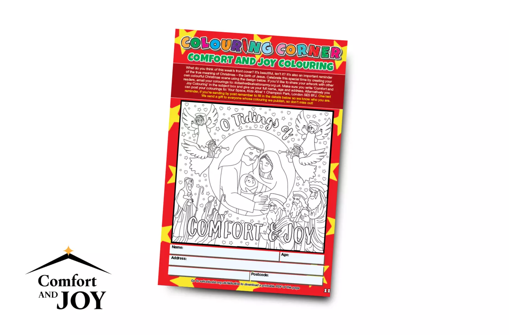 colouring sheet next to comfort and joy logo