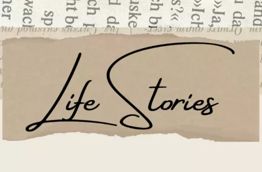 Pieces of paper layered with 'Life Stories' written in the centre