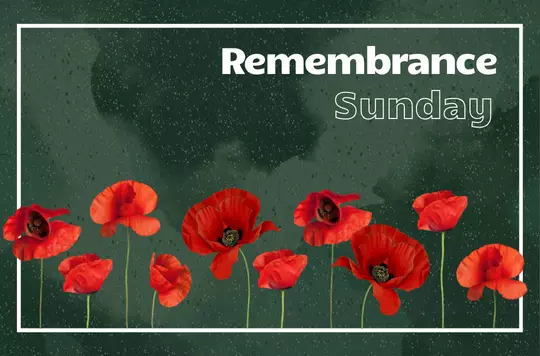 green background with red poppies and a border and text that says 'Remembrance Sunday'