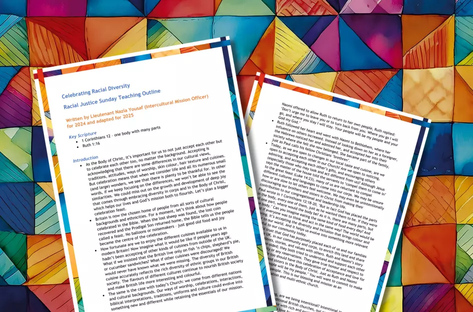 a thumbnail of two A4 sheets of paper on a colourful, patchwork background