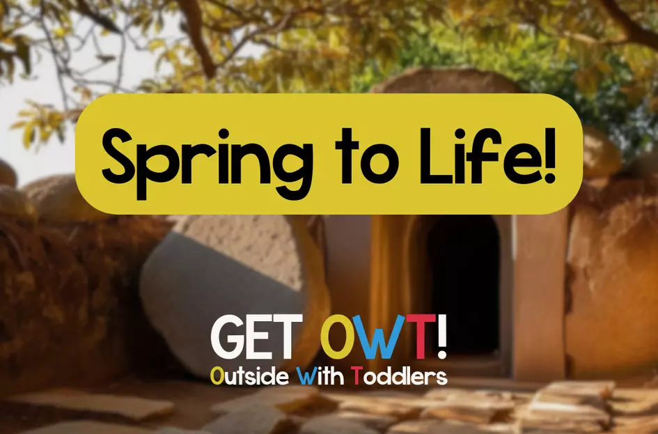 'Spring to Life' written in a playful font, on a empty tomb background