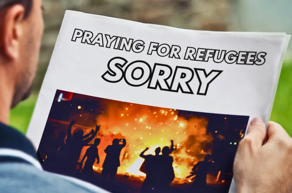 a photo over the shoulder of a man reading a newspaper, with the headline 'praying for refugees thank you'