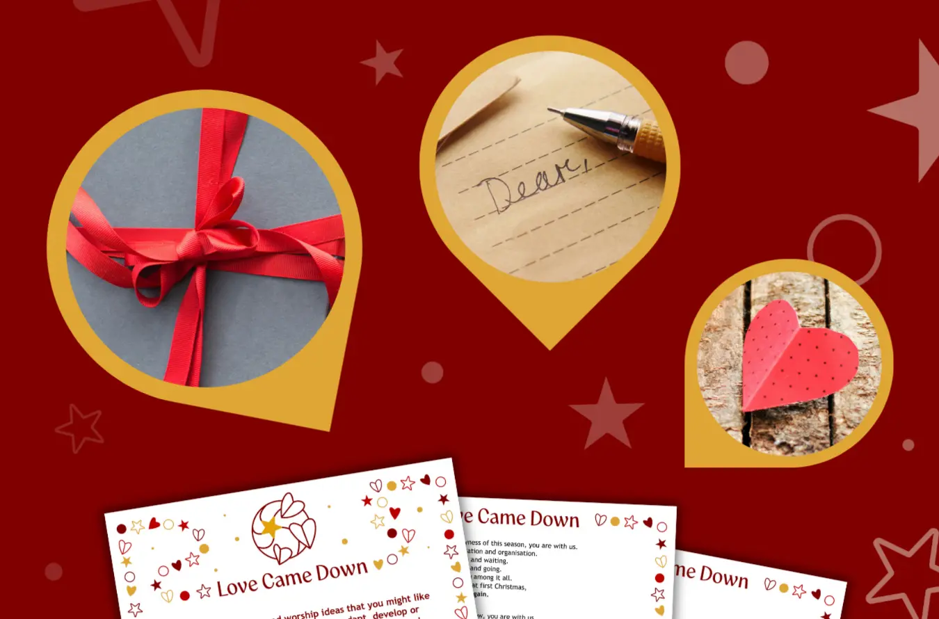 three sheets of paper on a dark red background, with photos of a red bow, a pen resting on a letter and a paper heart in bubbles above