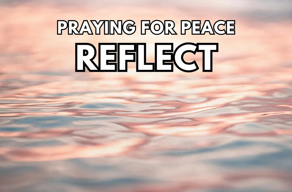 a photo of calm waters and the word 'reflect'