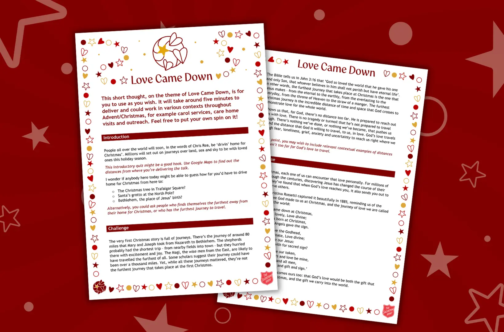 documents displayed on a dark red background, with star and circle graphics surrounding them