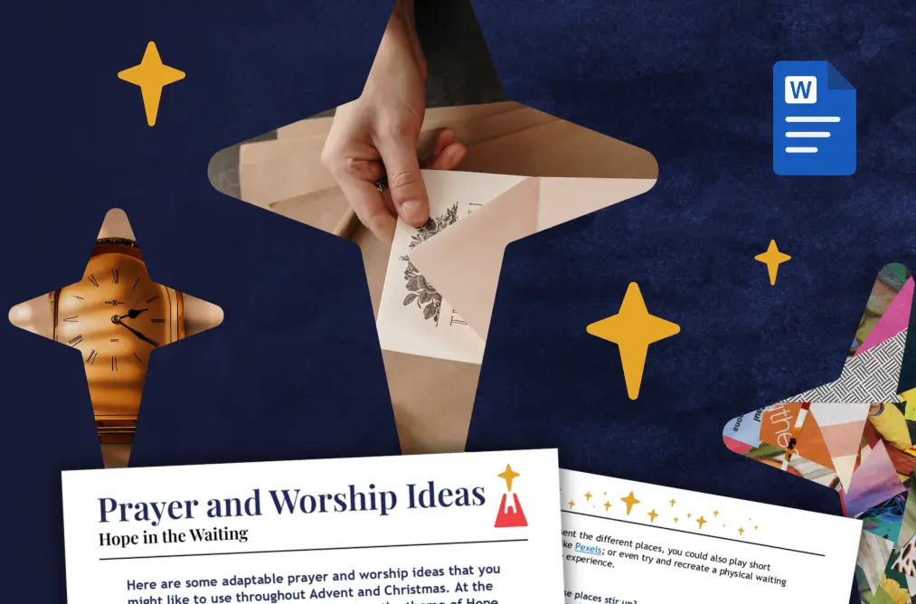 two portrait sheets of A4 below star frames of craft-based photos, on a textured navy blue background with the Microsoft Word logo